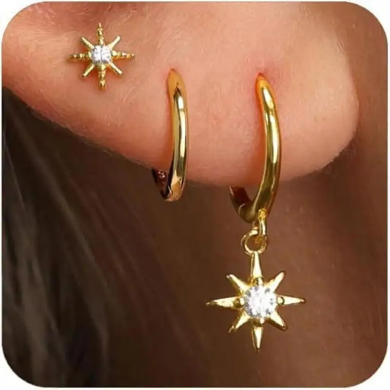 Y2K Style 3Pcs Round Star Dangle Earrings Set for Women Gold Silver Color Drop Earrings for Street Shooting