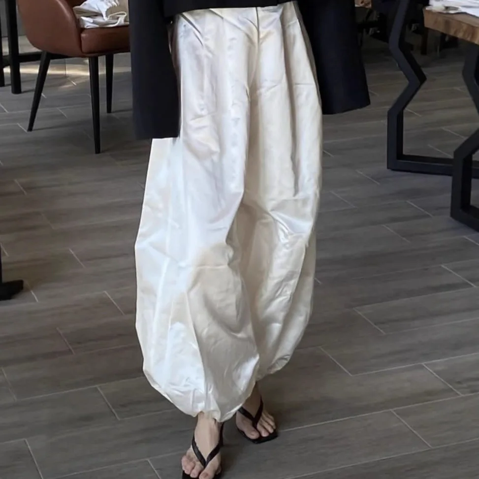 Blue High Waist Cuffed Pants Female Summer New Elegant Vacation Streetwear Loose Casual Pleated Bloomers Women Trousers