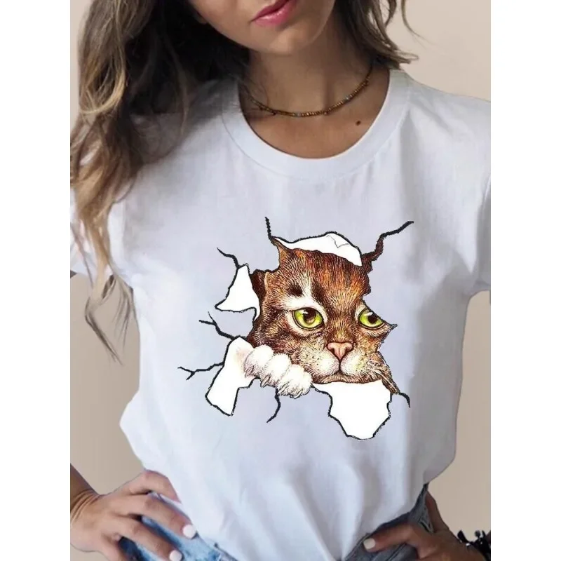 Europe and The United States Interesting Cat Print Pattern Round Neck Short-sleeved T-shirt Blouse Graphic T Shirts  Tops