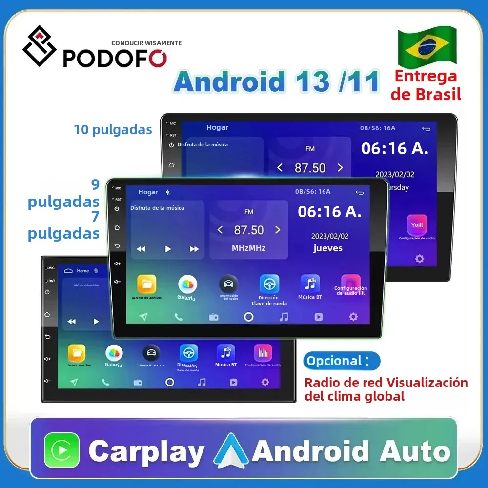 Podofo Android 12 Car Radio Androidauto Carplay 2 Din GPS Car Audio 7"/9"/10" WIFI BT Automotive Multimedia Player For VW Ford