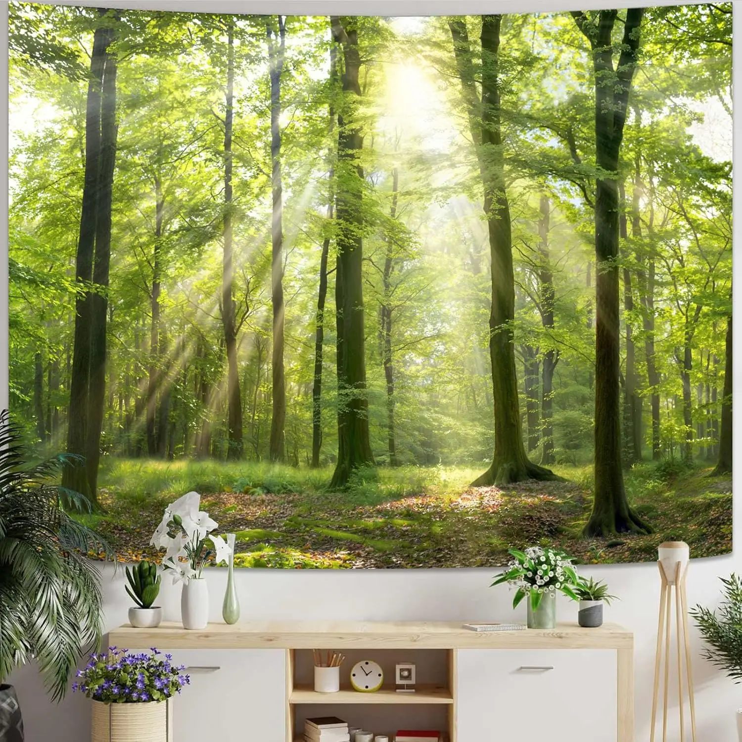 Mystic Sunlight Green Forest Tapestry, Natural Lush Tree Woodland Scenery Print Wall Art for Bedroom Living Room Apartment Dorm