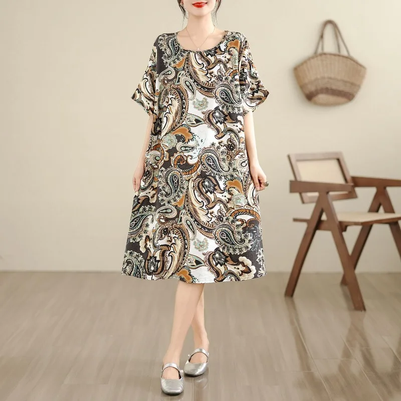 

Cotton and Linen Large-size Printed Skirt Summer Retro Vacation Style Loose and Versatile, Thin and Comfortable Dress Party