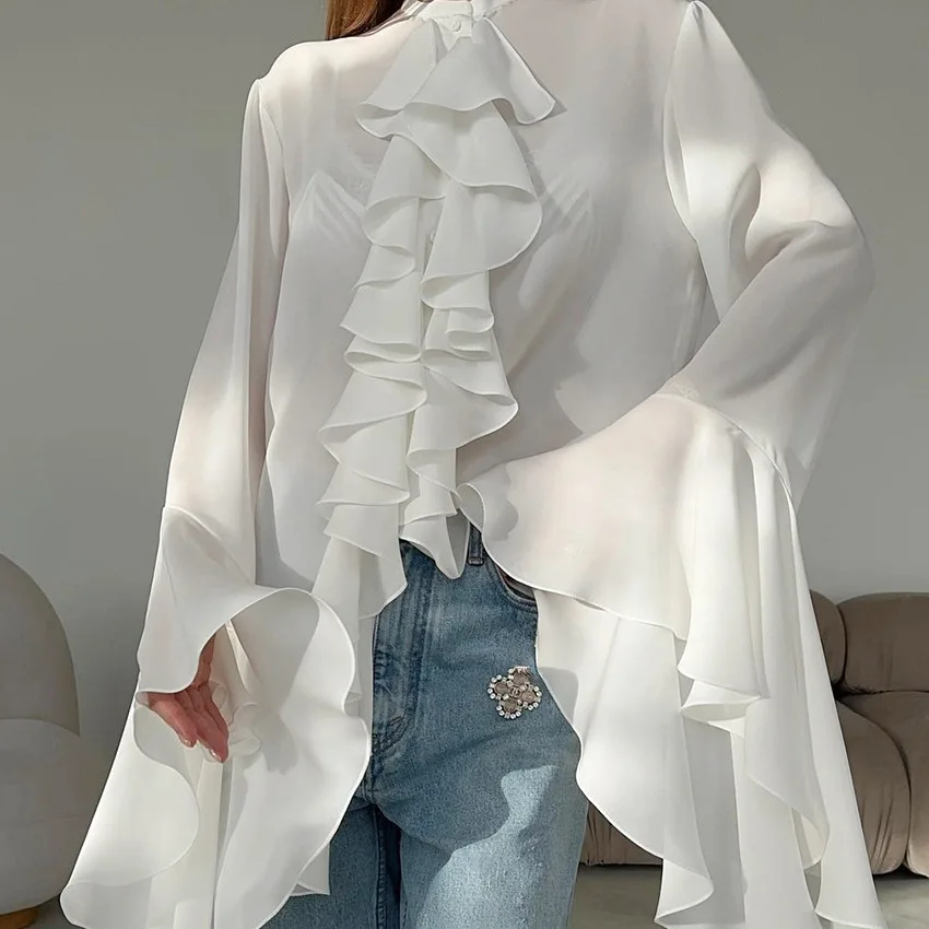 

2026 Spring/Summer New Fashionable White Chiffon Design Round Neck Horn Sleeve Ruffle Women's Shirt