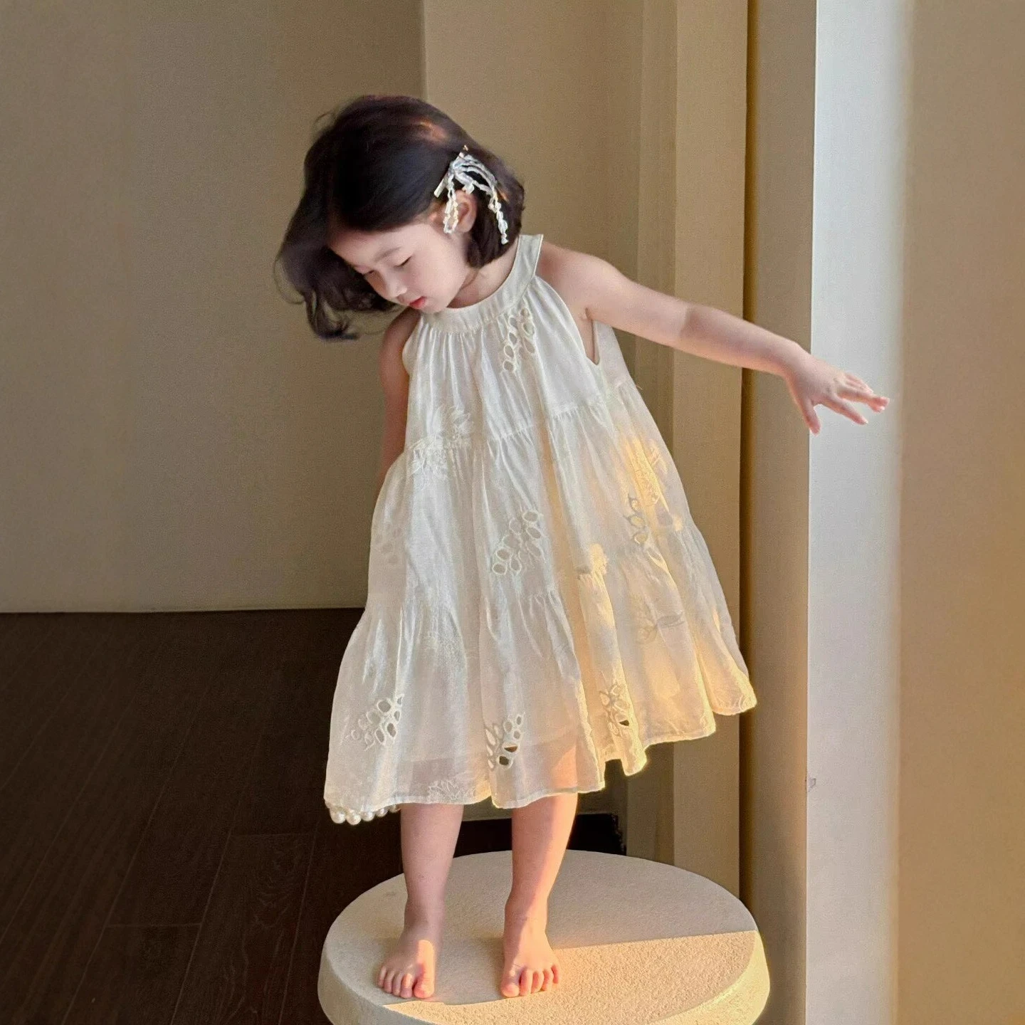 Summer Sweet Vest Dress for Girls Hanging Neck Hollow Out Temperament Children's Dress for Ages 3-8Y