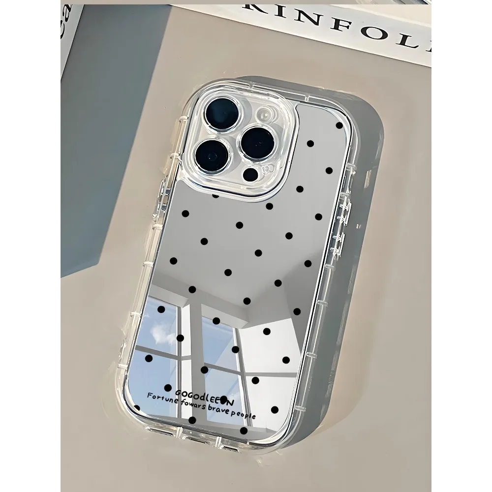 ins Polka point Lucky Mirror Phone Case For iPhone 17AIR 11 12 13 14 15 16 17Pro Max Plus Lens Ring Anti-Fall 1.5mm Hard Case