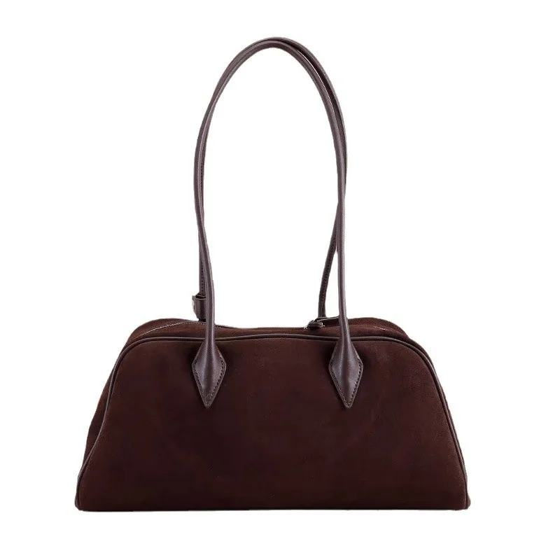 

Suede Large Capacity Boston Underarm Ladies Bag Women Fashion Commuter Bowling Frosted Shoulder Bag Coffe Brown