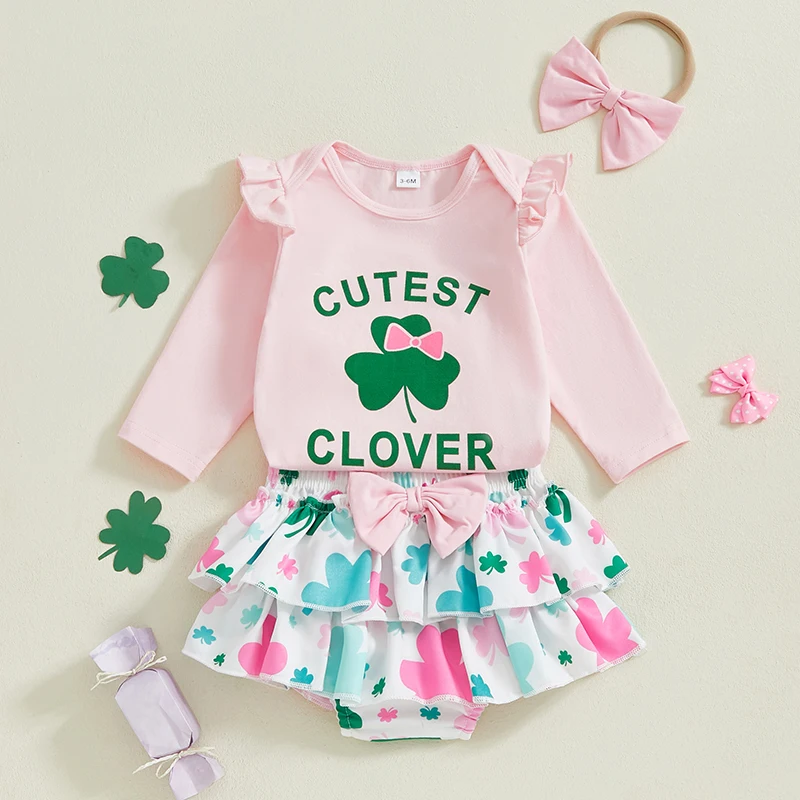 

St Patrick s Day Toddler Girl Green Shamrock Print Long Sleeve Romper Ruffle Shorts Headband 3-Piece Outfit Set