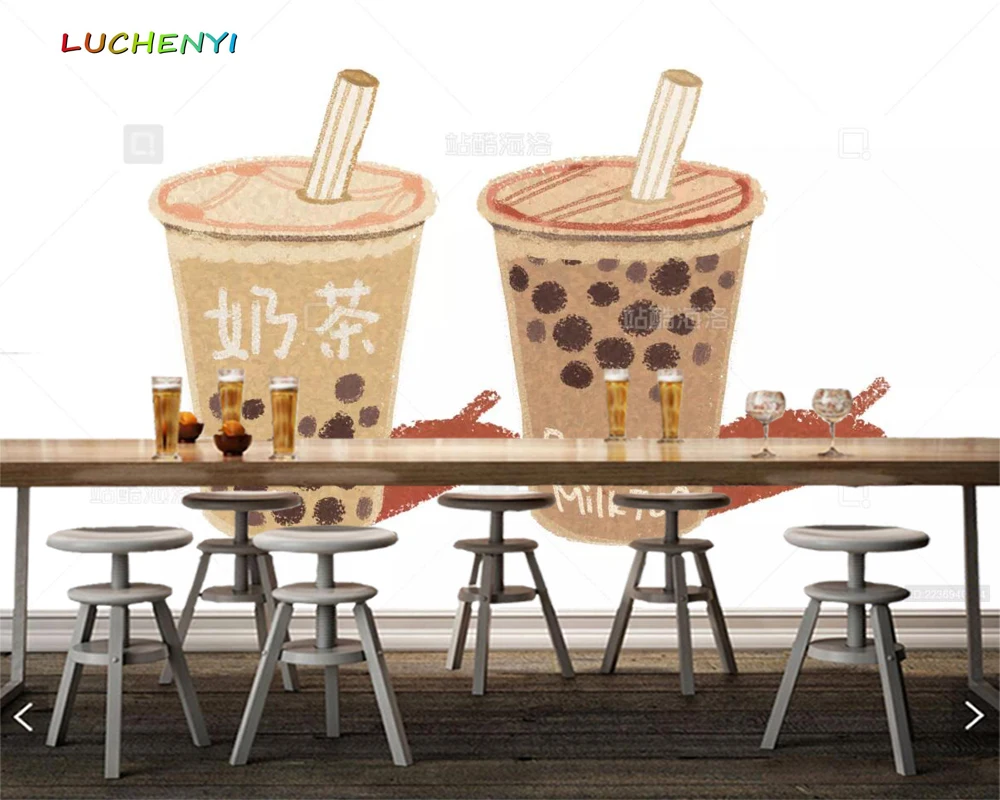 Papel de parede custom hand drawn milk tea 3d wallpaper mural, restaurant juice shop kitchen dining room wall papers sticker