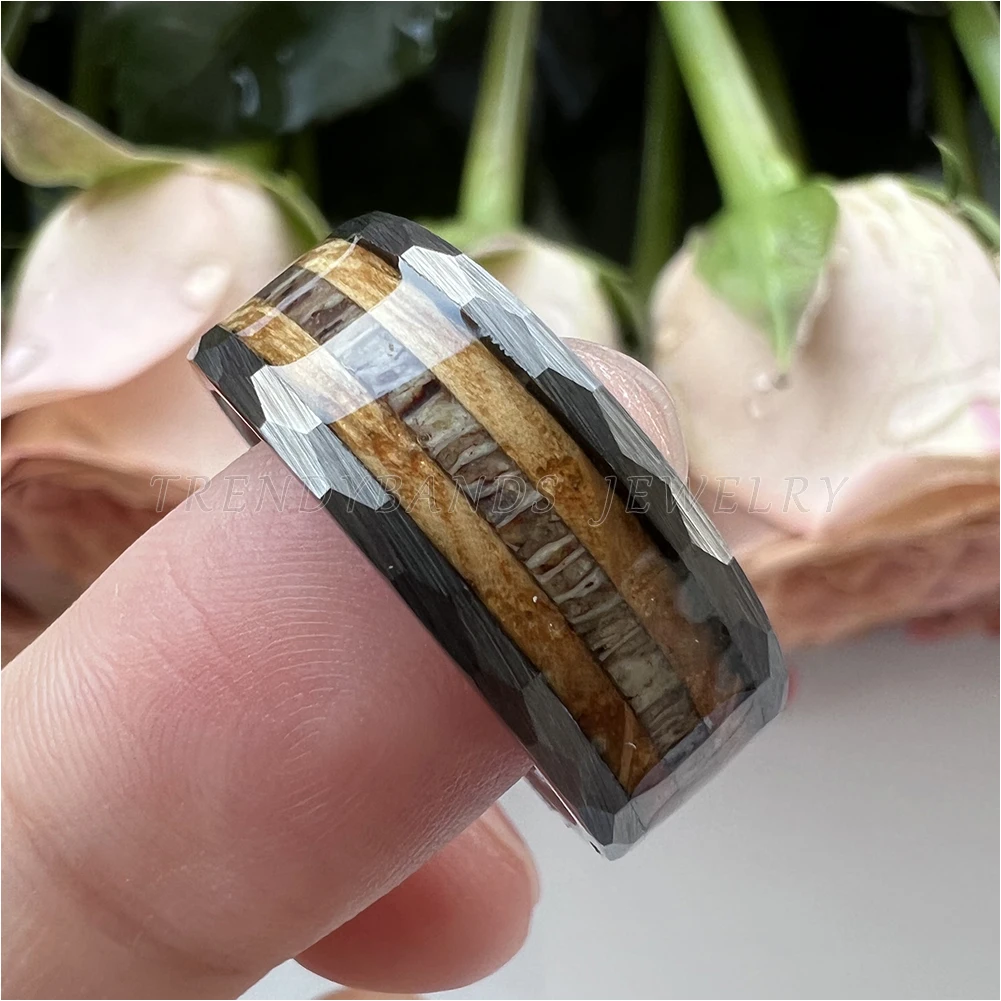 8mm Hammered Fashion Ring for Men Women Tungsten Carbide Engagement Jewelry Wedding Band Whisky Barrel Wood Inlay Brushed Shiny – Detail 9