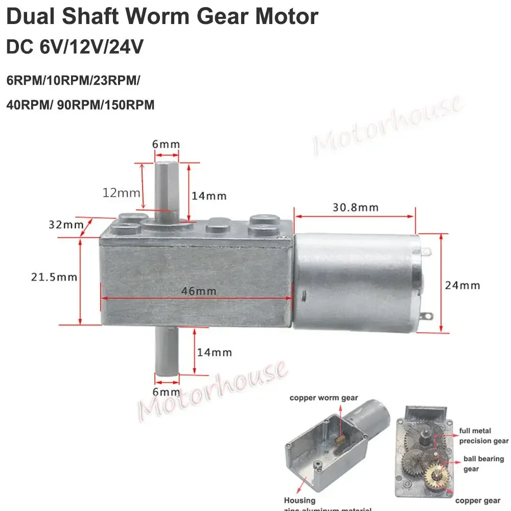 Micro 370 Worm Metal Gear Reducer Motor DC 6V 12V 24V 6RPM-150RPM Slow Speed Dual Shaft Large Torque 24kg.cm for Electronic Lock