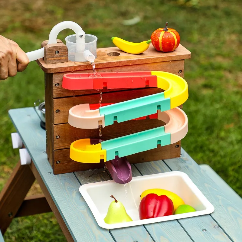 LazyChild Solid Wood Table And Chair Set Kids Outdoor Picnic Table Kit Assemble Multi Functional Patio Furniture
