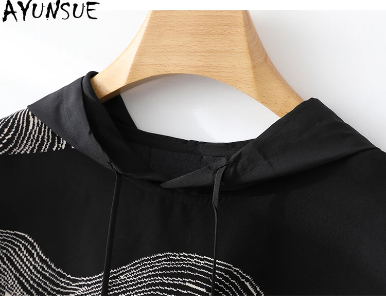 AYUNSUE 92% Real Mulberry Silk Women\'s T-shirts 2024 Summer Woman Clothes Hooded Short Sleeved T Shirt Women Fashion Топ Женский