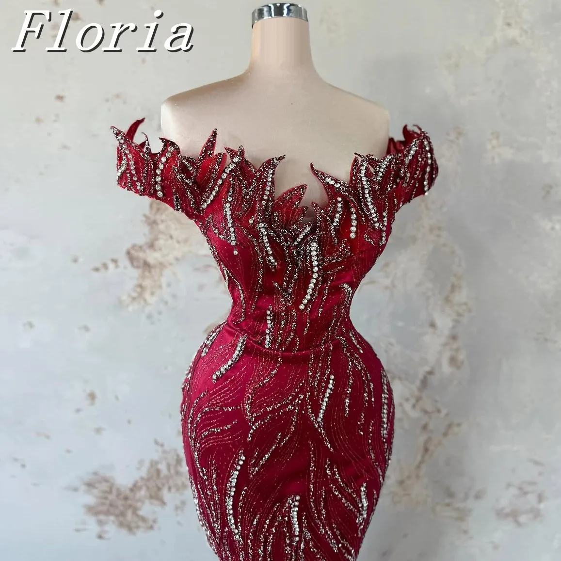 

Luxury Redwine Sequined Mermaid Evening Party Dresses V-neck Off The Shoulder Formal Occasion Party Dress Customized
