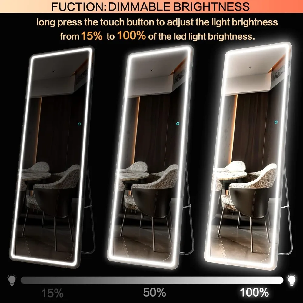 Full Length Mirror with Lights, Dimming & 3 Color, Adjust Brightness, Explosion-proof, Easy To Mount, Floor Mirror