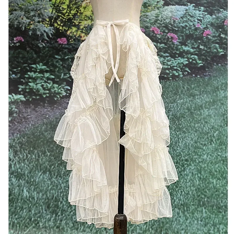 Damska dwuwarstwowa zasลona w talii Lolita Temperament Sheer Cover Up High Low Skirt w. Asymetryczne spรณdnice z falbankami 2024 Nowoลฤ