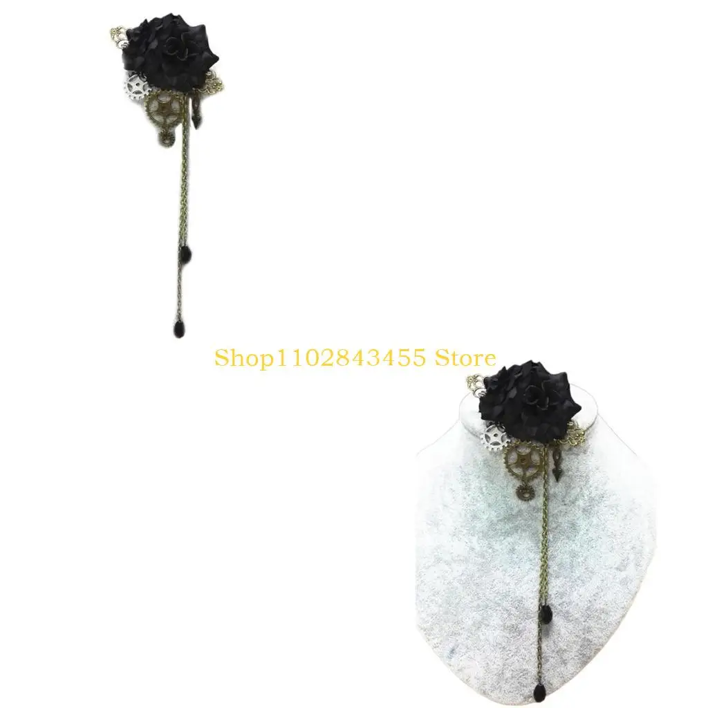 

49MC Vintage Steampunk Floral Hair Clip Punk Gothic Headwear Hairpins Barrettes Hair Accessories Tassels Chain Hairpin