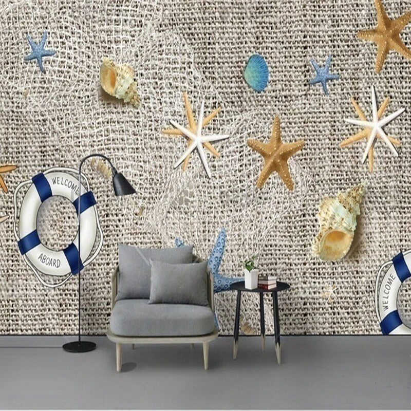 

MU9020 Creative Mediterranean children's room starfish and shell custom TV living room background wall decorative painting