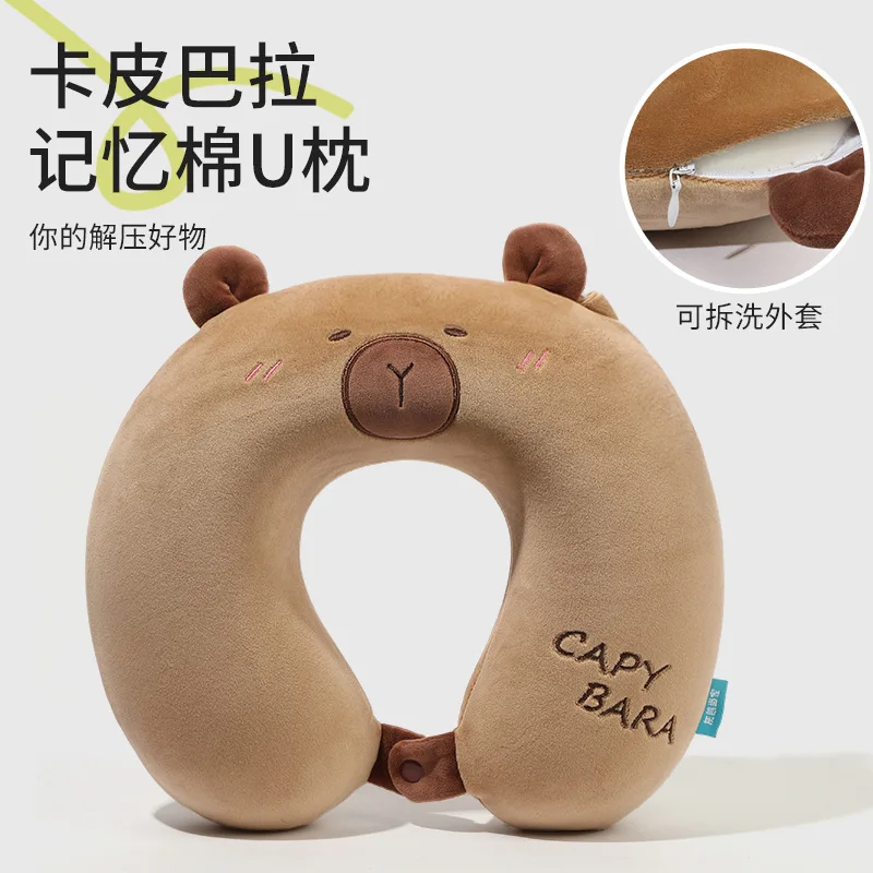 

Портативная плюшевая подушка-капибара U-образной формы 2-в-1 для путешествий, подушка для поддержки шеи, милая плюшевая декоративная подушка, подушка для офисного кресла
