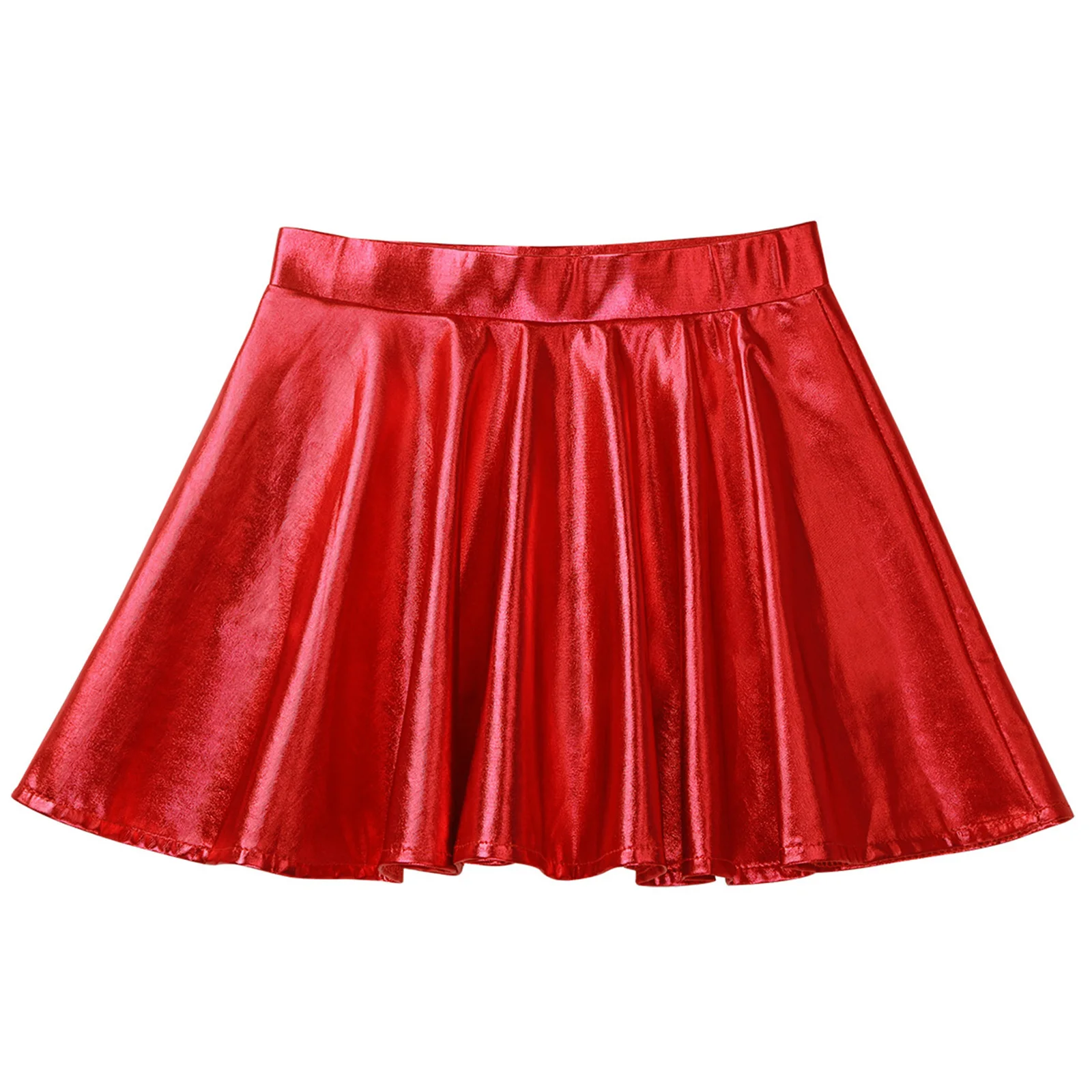 Kids Girls Gymnatics Dance Athletic Shiny Scooter Skirt Glossy Metallic Flared Pleated A-Line Mini Skort for Figure Skating