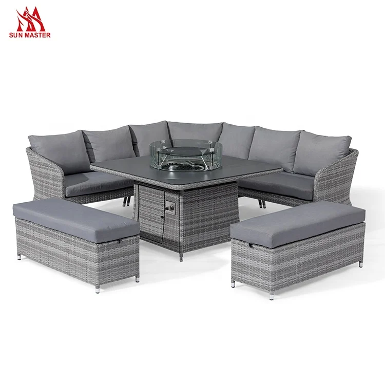 Modern Patio Furniture Outdoor Garden Sofa with Firepit Table Courtyard Hotel Corner Rattan Wicker Terrace Sofas