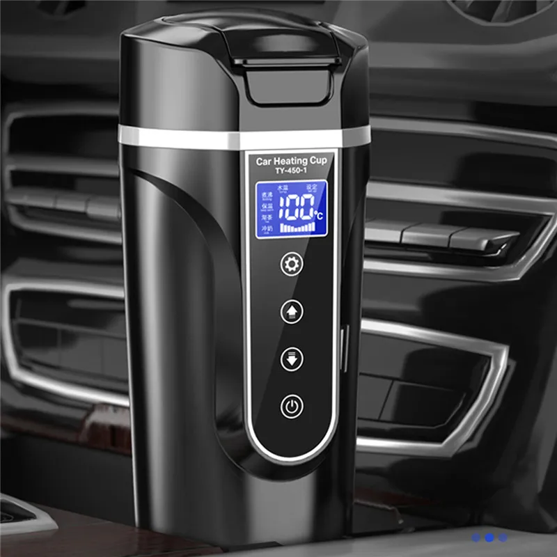 Portable Car Heating Cup Thermos Stainless Steel Water Coffee Warmer Bottle Car Kettle Mug 12V 24V Touch Screen Digital Display