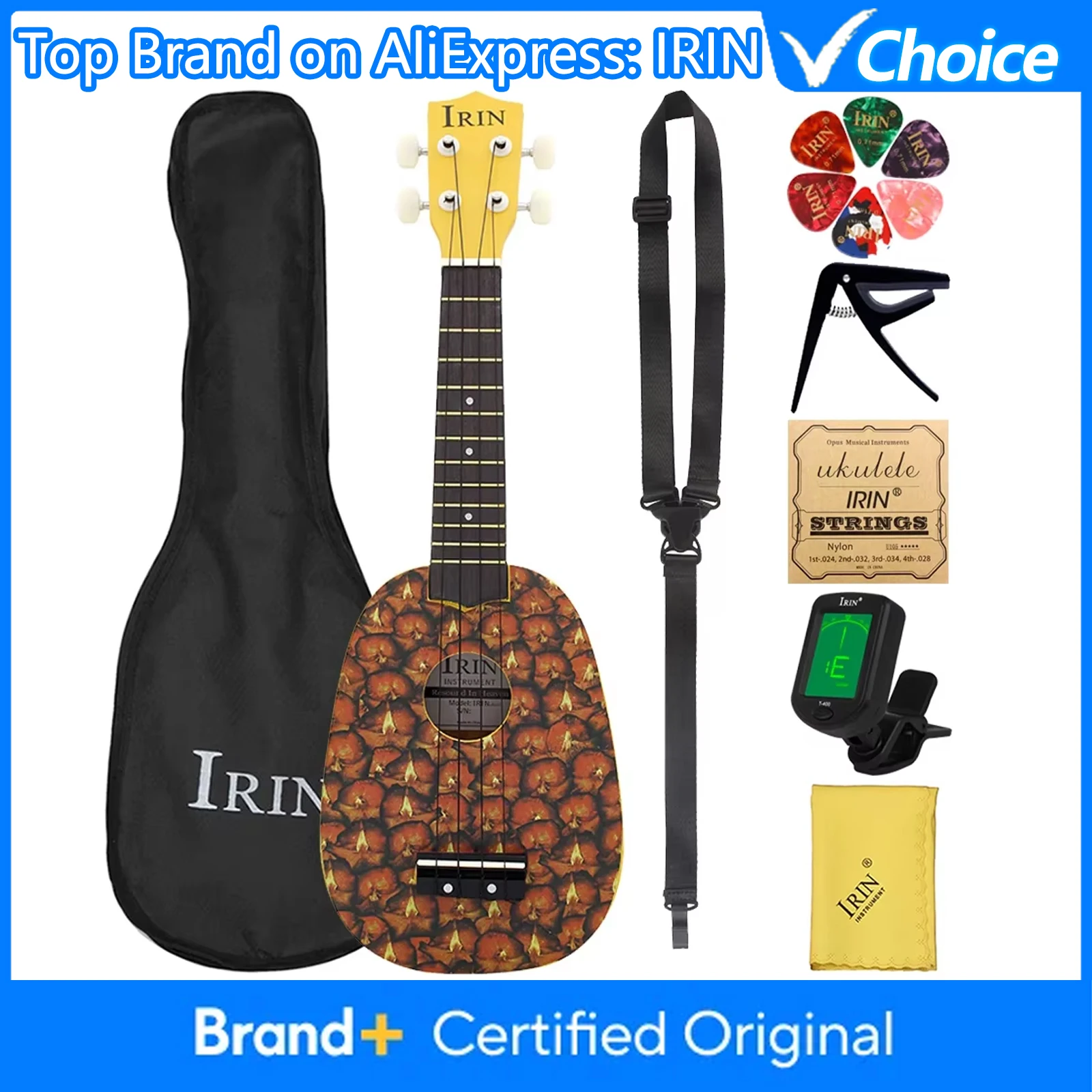 

Укулеле IRIN 21 дюйм, гавайская гитара в форме ананаса, музыкальный инструмент, 4 струны, укулеле из липы, сопрано-гитара, тюнер, каподастр
