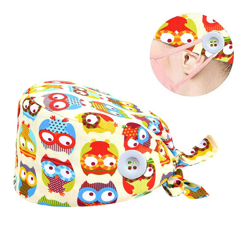 Gorros de trabajo con estampado para salón de belleza, gorro de algodón elástico para el cuidado de mascotas, gorro de trabajo con botones, Unisex