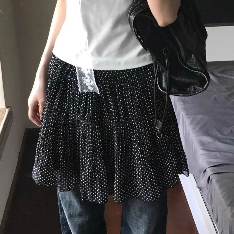 

Deeptown Vintage Black Mini Skirts Women Harajuku Gothic Polka Dot Short Skirts Elegant Sweet Y2k Japanese Style A-line Skirts