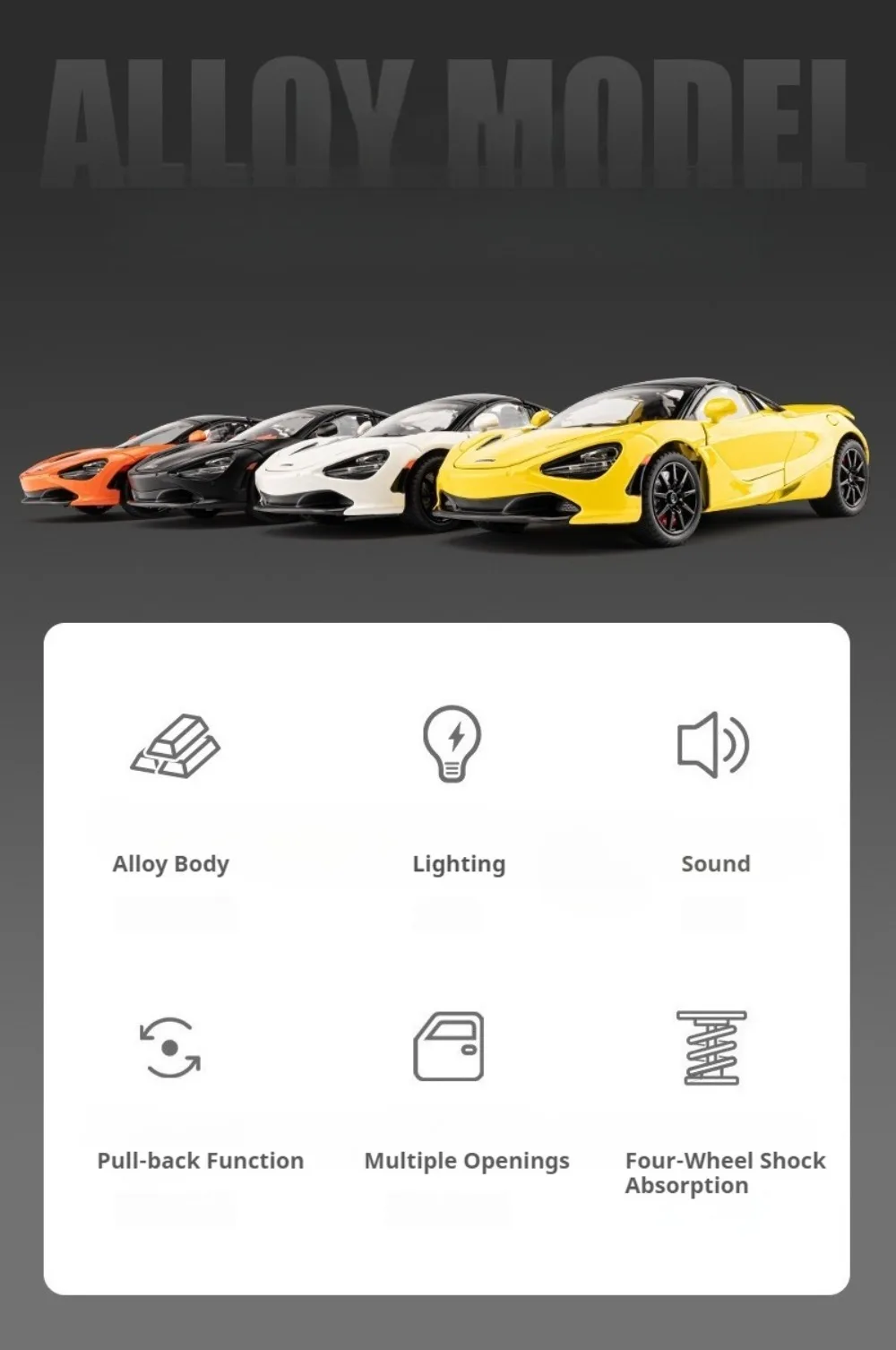 1:24 Senna GTR 720S Miniature Model Alloy Diecast Sports Car Toys Front Wheel Steering Sound Light Pull Back Boys Festival Gifts