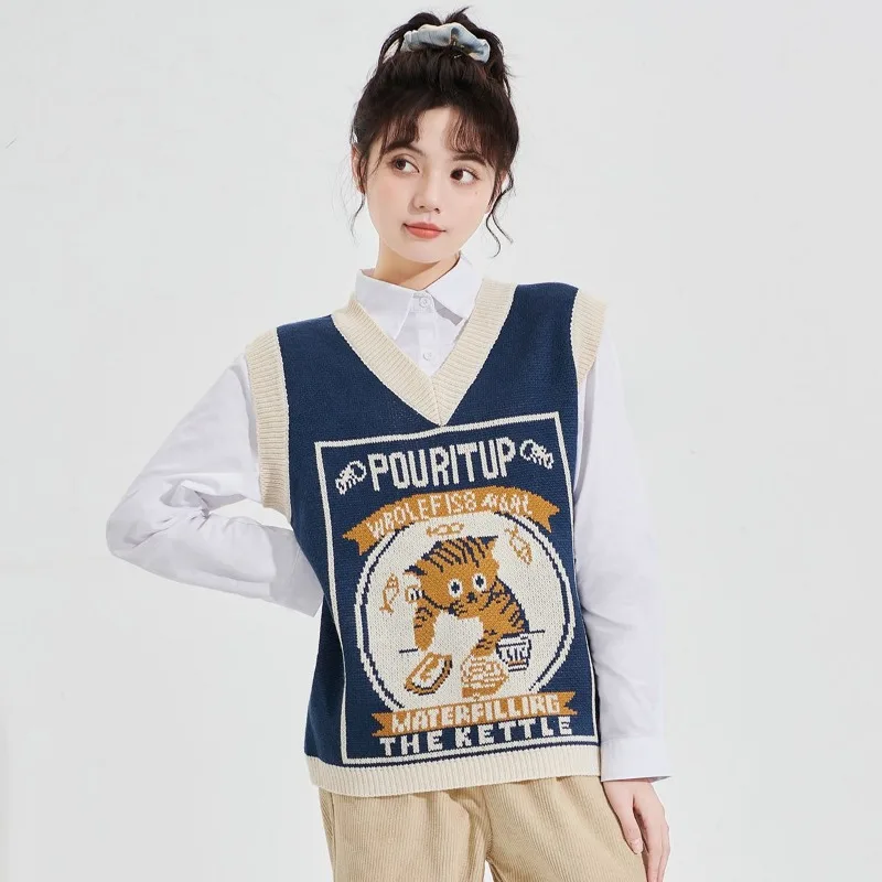 Japanese Cute Cat Jacquard Sleeveless Knit Vest Women Student Spring Autumn Outer Wear Layering Tops Waistcoat Sweet Girls Tops