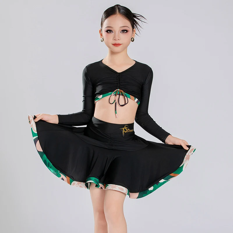 

2025 Latin Dance Costumes For Girls Black V-neck Top Big Swing Skirt Outfits Chacha Tango Dress Kids Latin Stage Dress DN21719