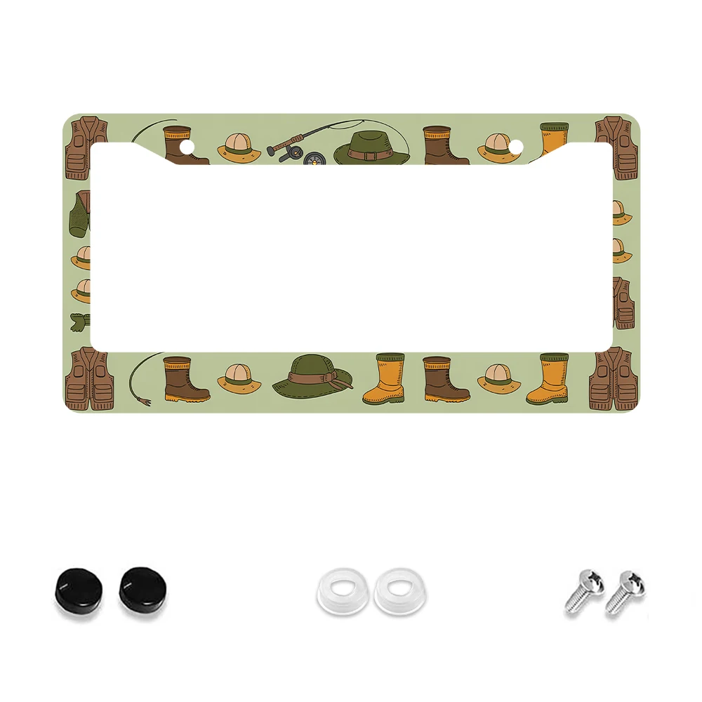 1pc Retro Fishing Gear Pattern 2-Hole License Plate Frame, Green Color, Aluminum Material, 6x12 Inches, with Screw Kit, Vintage