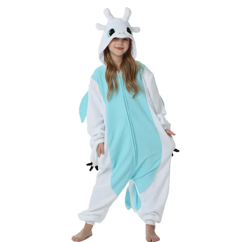 التنين الأسود الكرتون تأثيري قطعة واحدة منامة التنين الأبيض الحيوانات هالوين الفتيات Kigurumi أنيمي منامة