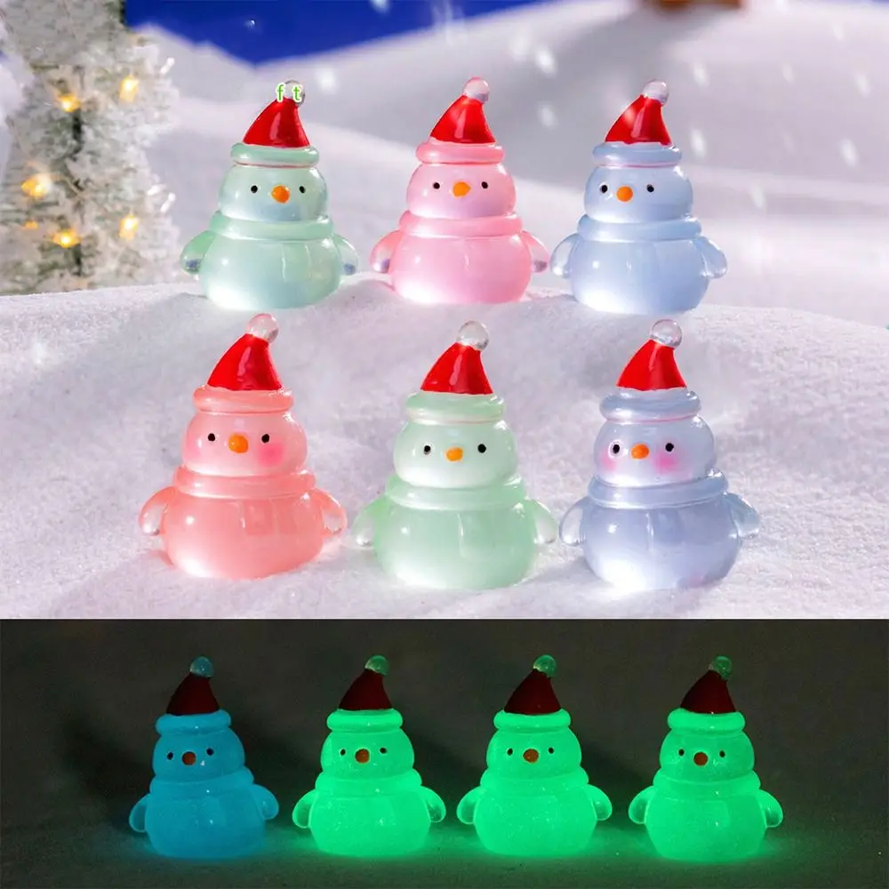 10pcs Cute Mini Luminous Snowman Figurines Glowing in Dark Cartoon Christmas Snowman Statue Resin Crafts