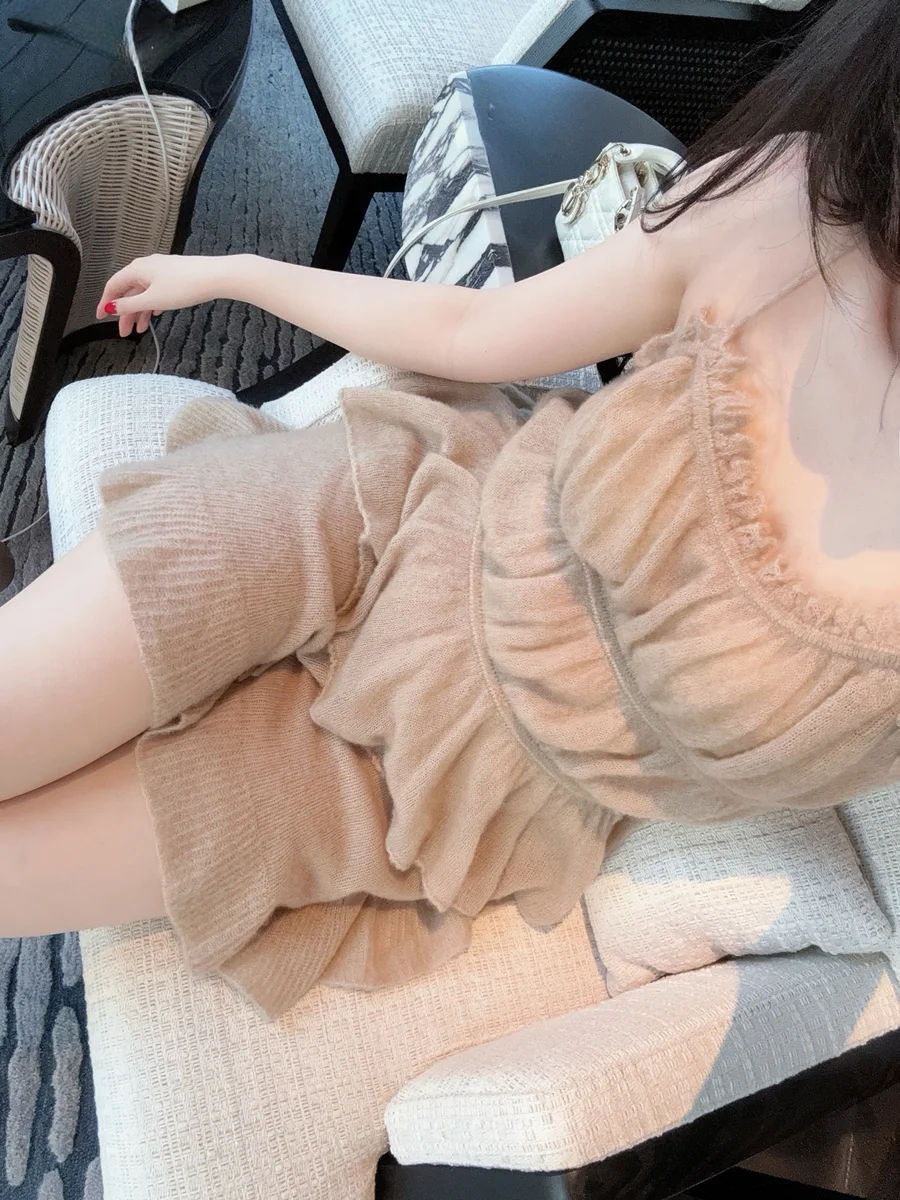 

Комплект из 100% австралийского детского кашемира: брюки с широкими штанинами и топ с V-образным вырезом, длинными рукавами и бретелями, повседневный трикотажный костюм для женщин.