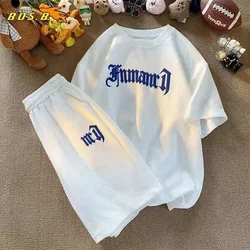 Summer Oversize Casual Fashion tracksuit Loose Jogging Waffle Suit Men Loose Short-sleeve tshirt + Sports Shorts 2pcs Set Outfit