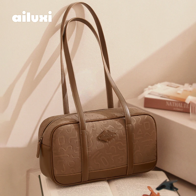 

AILUXI Brown Bowling Bag Women Retro Embossed Commuter Handbag Teacher's Day Gift Ladies Shoulder Bag Original Designer Brand