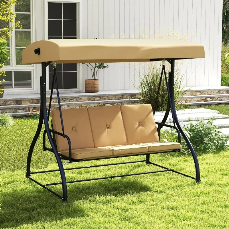 Outdoor Porch Swing, 2-in-1 Swing Glider with Adjustable Canopy, Removable Cushions, Foot Pad, Curved Handrails, Outdoor Swing