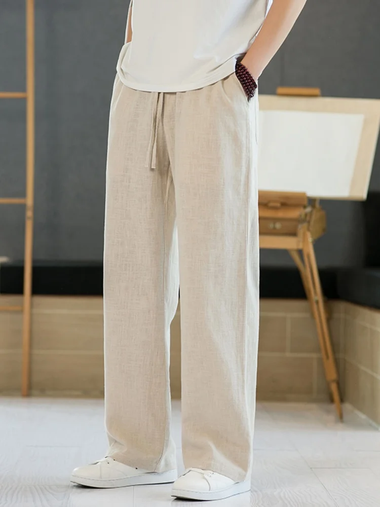 

Мужские летние тонкие повседневные брюки с широкими штанинами, свободные брюки прямого кроя из хлопка и льна, модные городские стильные брюки