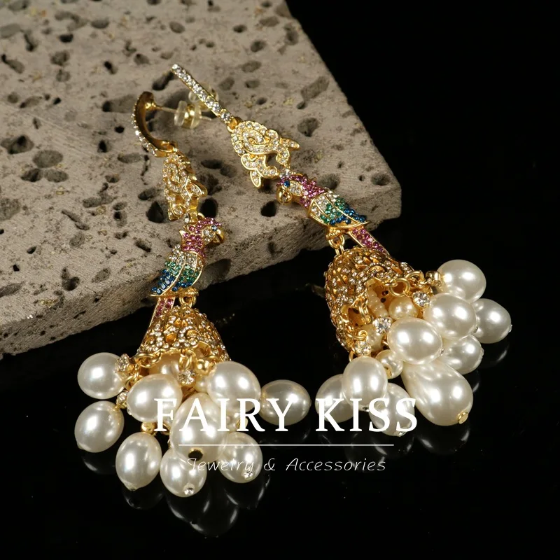 Vintage long pearl tassel pendants hollowed cage parrot diamonds 925 silver needle stud earrings