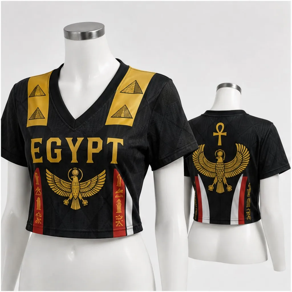 Womens Egypt Ankh Winged Eagle V Neck Cropped Short Sleeve T Shirt Ancient Symbolic Graphic Casual Summer Streetwear Fashion Top