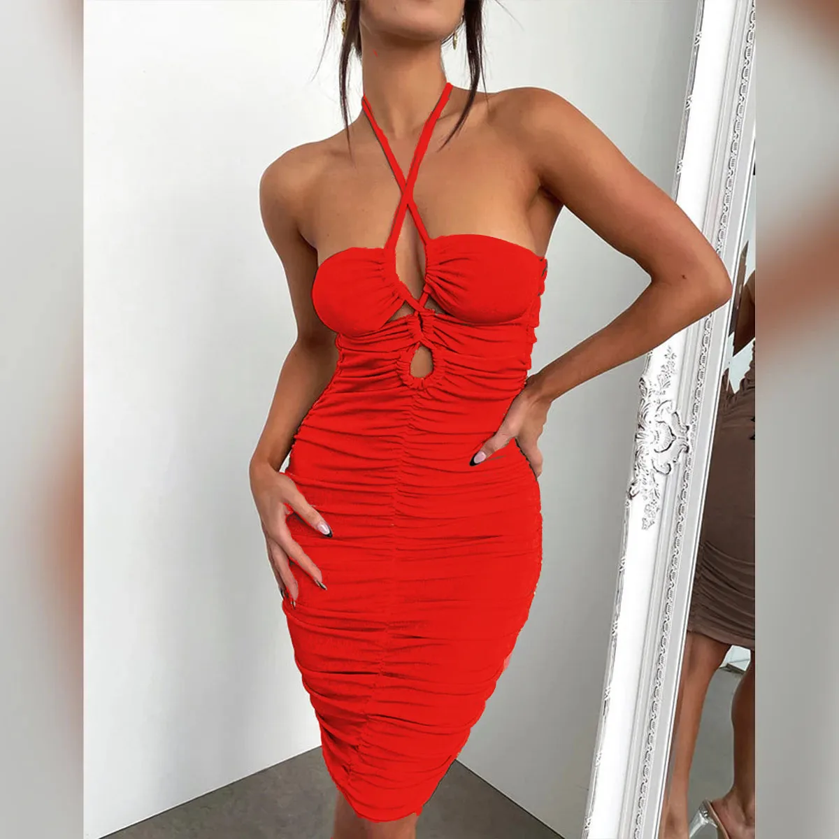 2025 신상 레이스업 여성 의류 중장기 섹시 백리스 플리츠 드레스 베스티도 플러스 사이즈 9XL 8XL 7XL 6XL XXXXXL