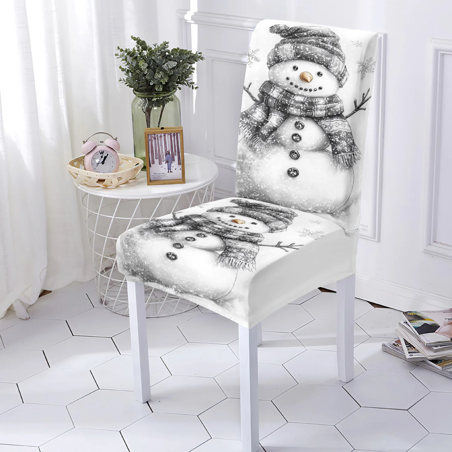 

4/6pcs Christmas snowman print dining chair covers Christmas holiday chair covers stretch washable suitable for holiday banquet