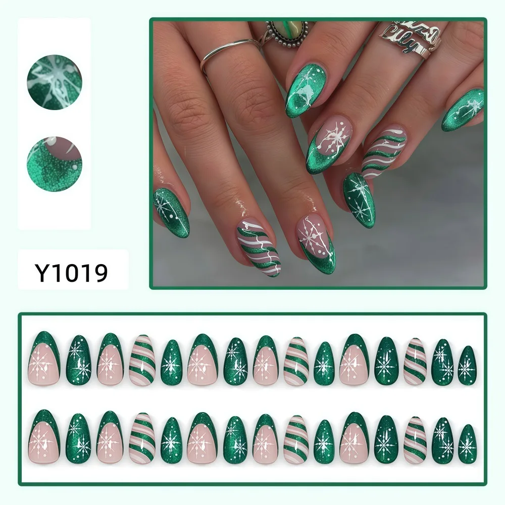 30pcs Green Glitter Cat Eye Press On Nails 3DChristmas White Snowflake Candy Cane Stripes Fake Nail Winter Holiday False Nail 2