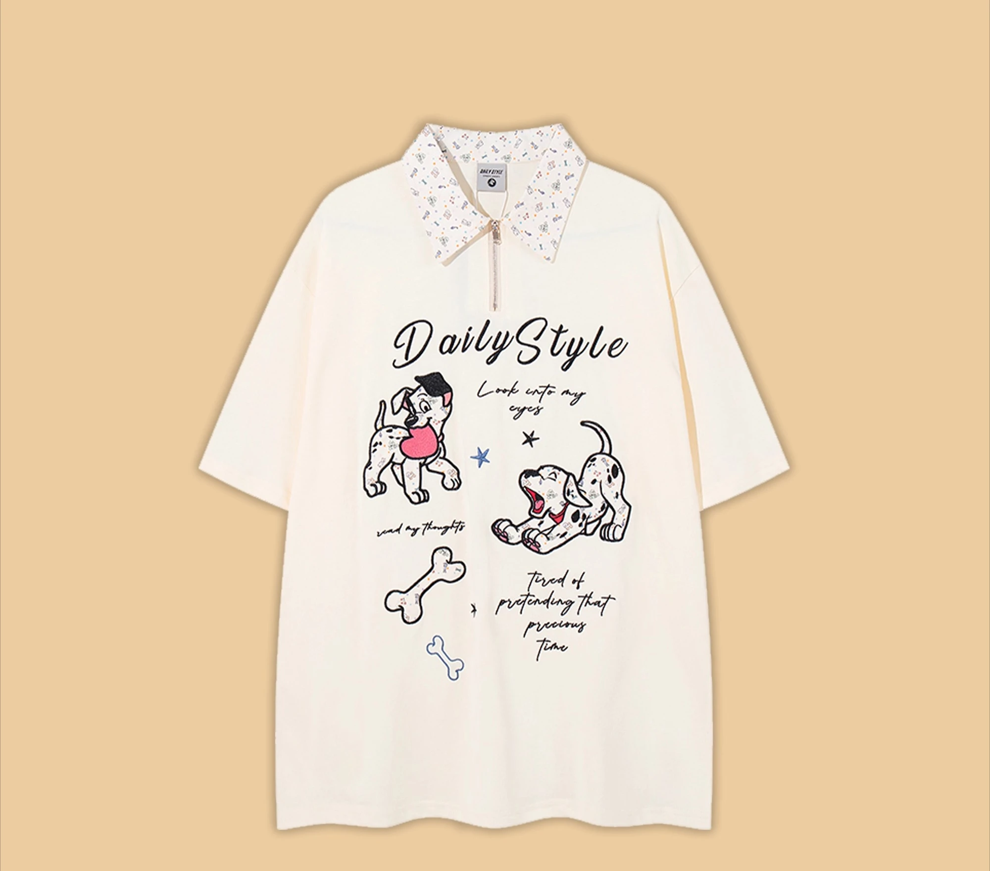 2025 여름 신상 작은 꽃 자수 고양이 폴로 칼라 반팔 살구색 티셔츠 일본풍 스윗 디자인 루즈핏 블랙 탑