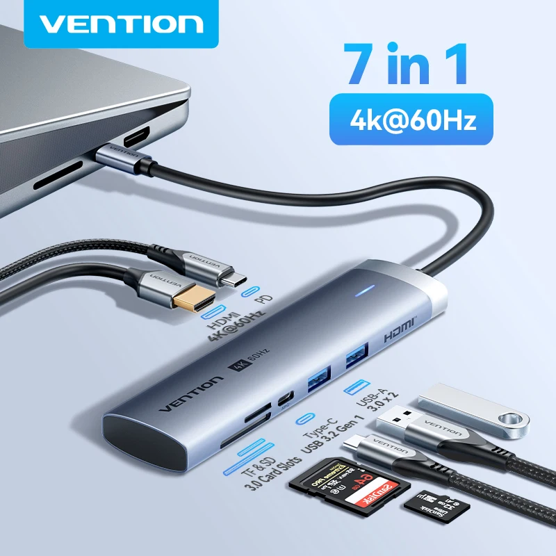 

Vention USB C HUB 7 в 1 4K60 Гц HDMI-адаптер USB 3.0 SD и TF PD 100 Вт HUB-сплиттер для MacBook iPad Sumsang Док-станция для ноутбука