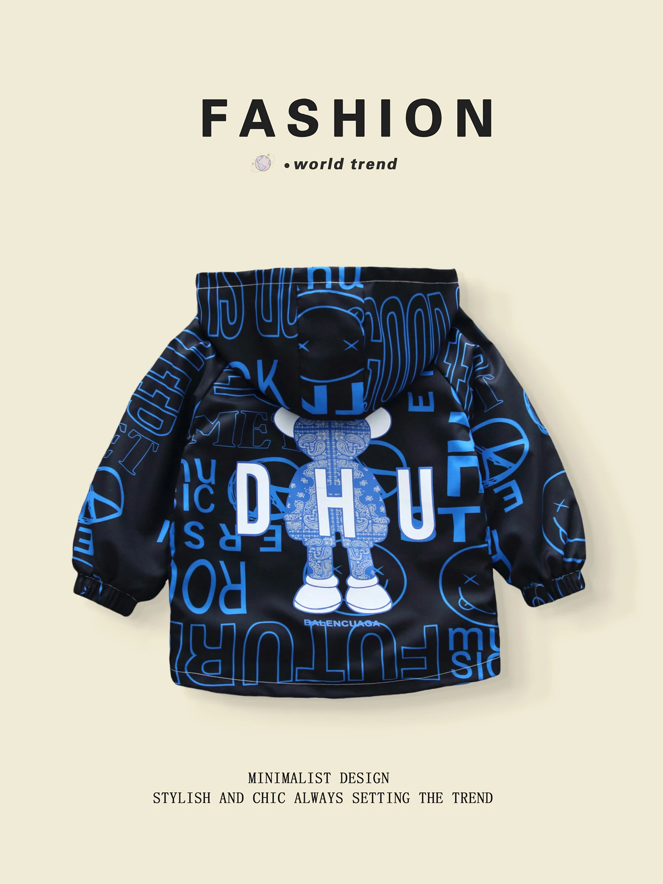 

Spring - Autumn Boys' Hooded Jackets with All - Over Printed Letters and Bear Patterns Aged 3 - 10 Y