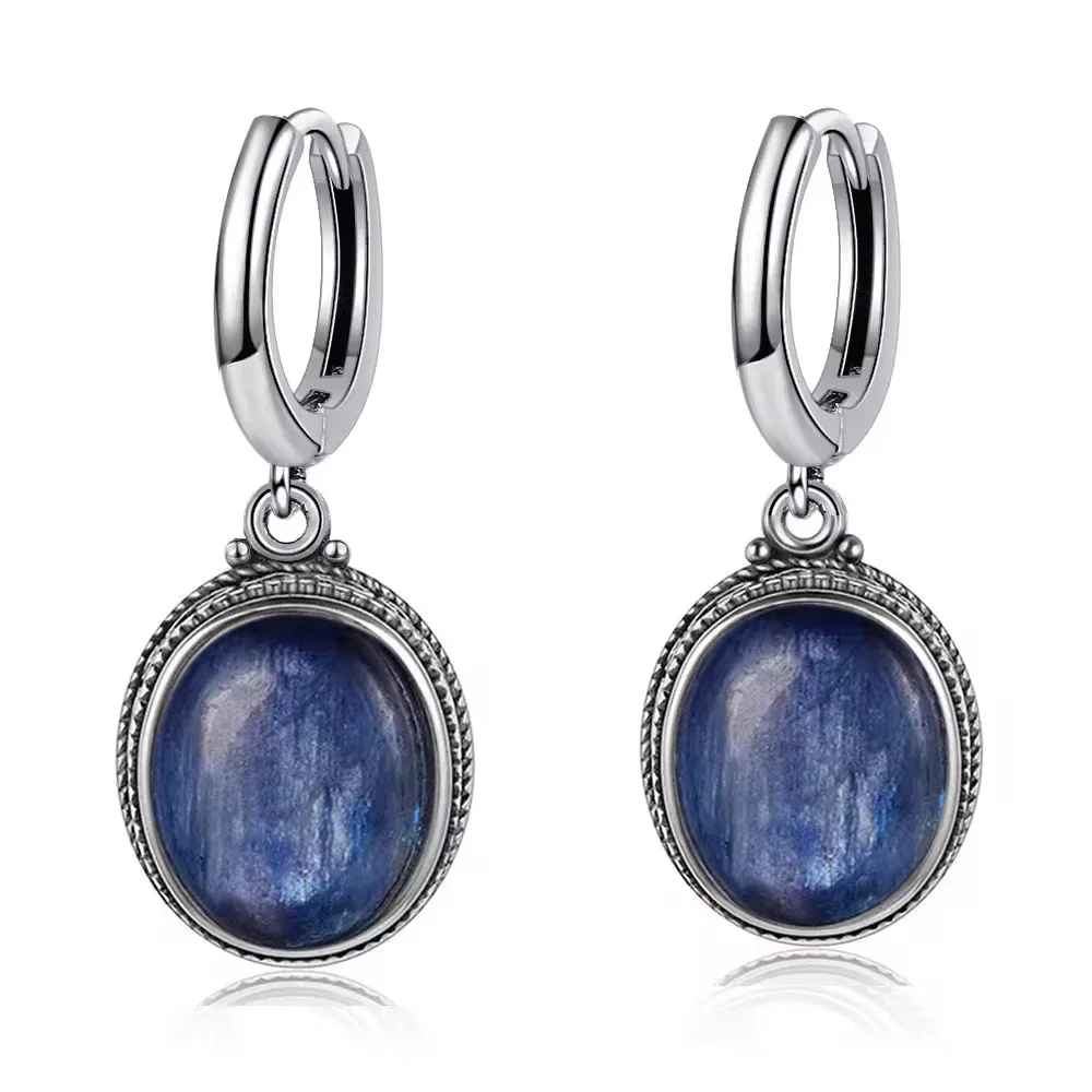 925 Sterling Silver Earrings Oval Natural Kyanite Labradorite Hoop Earrings for Women Wedding Party Gift Retro Earring Jewelry