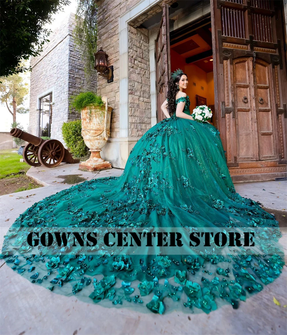 Emerald Green Beaded Pearls 3D Flowers Ball Gown Quinceanera Dresses Off The Shoulder Appliques Lace Vestido De 15 Anos Sweet 16