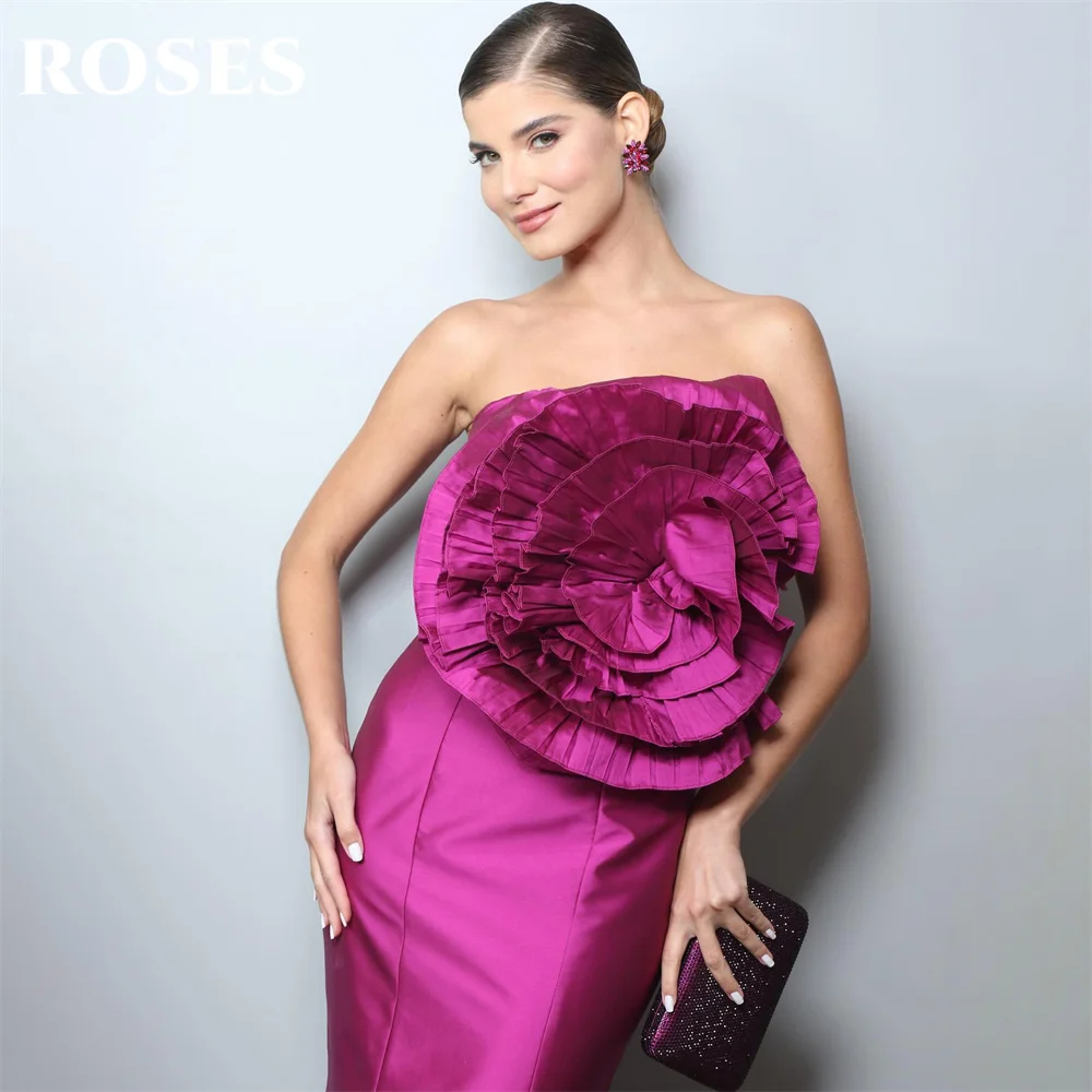 ROSES Plum Stain Prom Dresses Strapless 3D Flowers Party Dresses Sweep Train Women Evening Dress Sleeveless Mermaid robe soirée